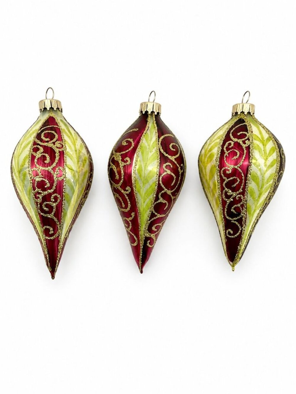 3 Vintage Teardrop Christmas Ornament deep red and light green